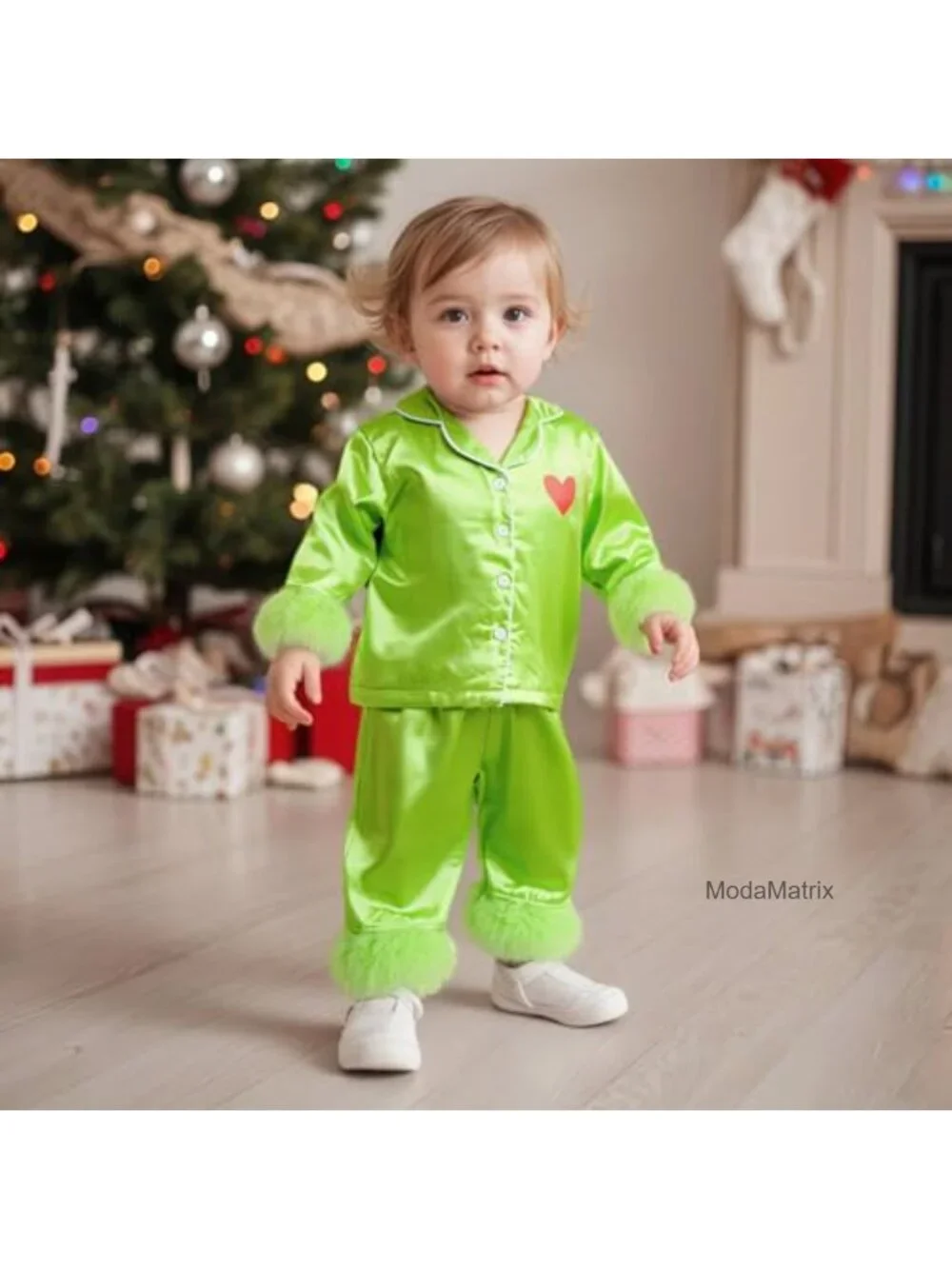Kids Christmas Pajama Set Green Satin Silk Button Down Jammies Toddler Girl
